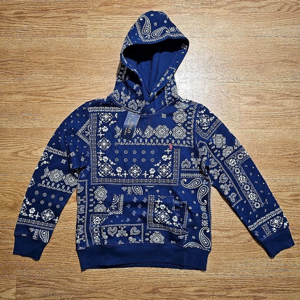 Polo Ralph Lauren Paisley-Print Cotton-Blend Jersey Hoodie M Navy Blue White New